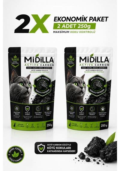 Midilla Active Carbon Kedi Kumu Koku Giderici 2 X 250 G %100 Gerçek Aktif Karbon Toplam 500 G