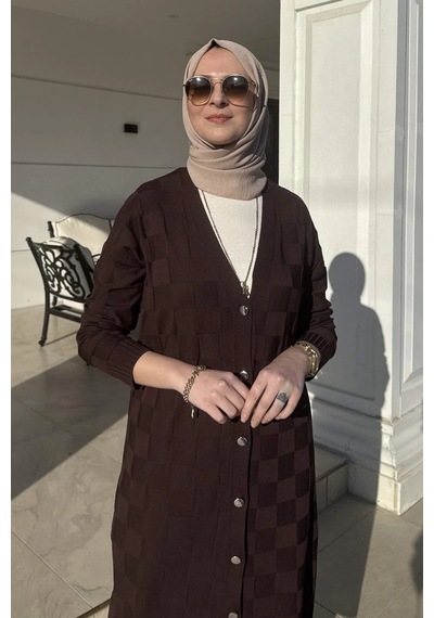 Rabia Şamlı Dama Desenli Triko Hırka Acı Kahve Normal