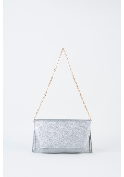 Vivaq Kadın Gümüş Simli Zarf Tasarım 2 Bölmeli Mini Zincir Askılı Çıt Çıt Kapama Clutch Ve El Çantası