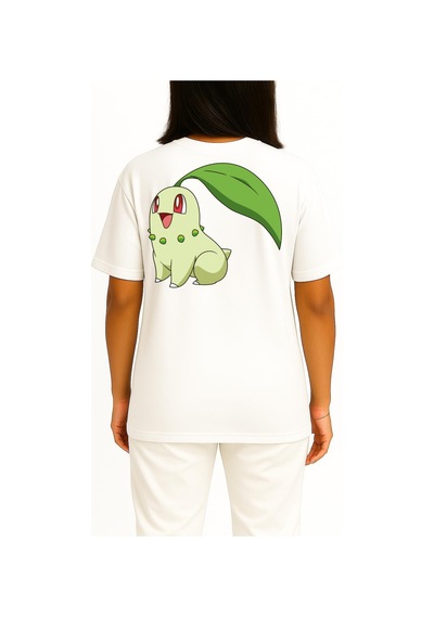 Bahriyeli Collection Oversize Chikorita Cep Ve Sırt Tasarımlı Unisex T-shirt Beyaz