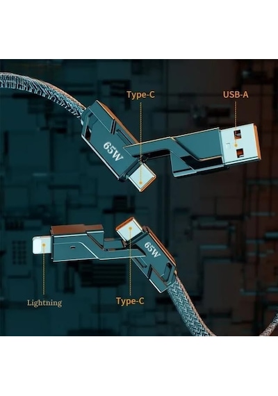 2 İn 2 65w Usb Type-c Ve Lightning İle Uyumlu Örgülü Şarj Ve Data Kablosu - 1.5m Siyah Az-b10th Car Play Destekler
