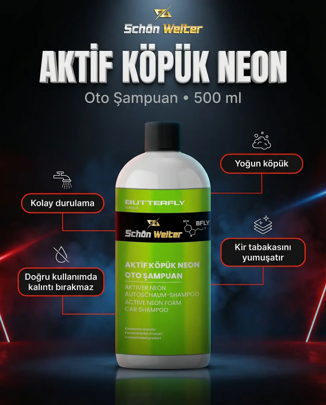 Araç Oto Aktif Köpük Neon Oto Şampuan 500ml