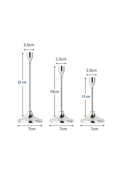 Dekoratif Gümüş Metal Mumluk Seti - 3 Farklı Boy 22cm, 19cm, 15cm
