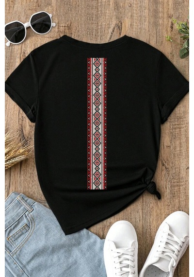 Spoyi Bohem Şerit Tasarımlı %100 Pamuk Yarım Oversize Siyah T-xlhirt