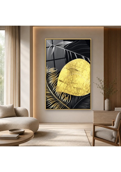Altın Yapraklar Ve Altın Daire Gold Çerçeveli Cam Tablo