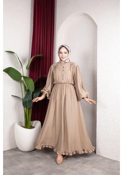 Hira Life Fashion Kadın Çilek Kumaş Ve Önü Düğmeli Eteği Fırfırlı Hakim Yaka Elbise Bej Bej