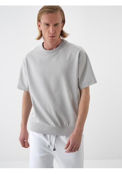 Xint Gri Pamuk Dokulu Oversize Tişört 502213