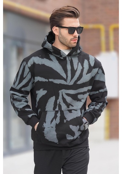 Madmext Siyah Kapüşonlu Cep Detaylı Baskılı Erkek Sweatshirt 7087 Siyah