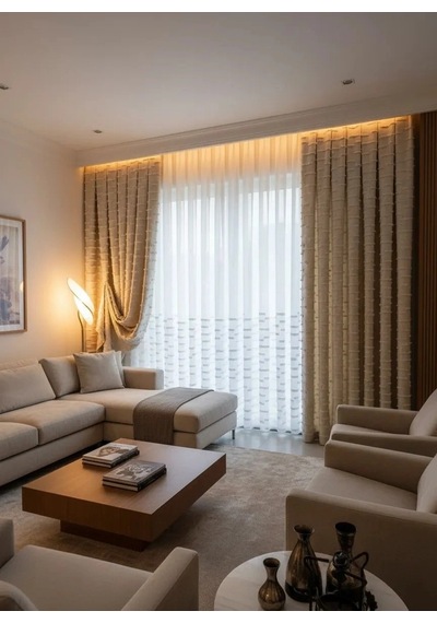 Nivemeshome Duru 1-0095 Yarı Desenli 1/3 Pileli Tül Perde Apm Ekru