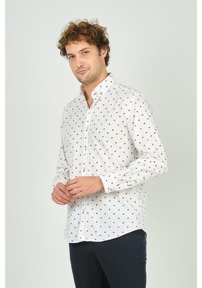 De Leone Erkek Slim Fit Desenli Uzun Kol %100 Pamuk Gömlek 2041 Ekru Ekru