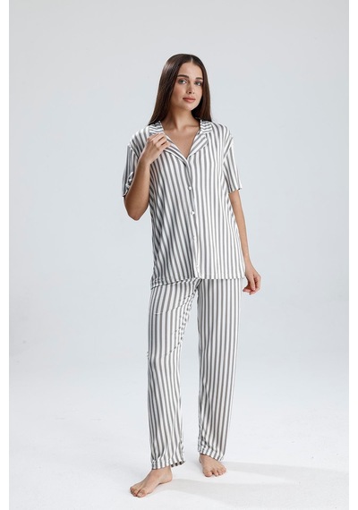Kompedan Kadın Önden Düğmeli Pijama Takım Gri Çizgili Çzg Gri