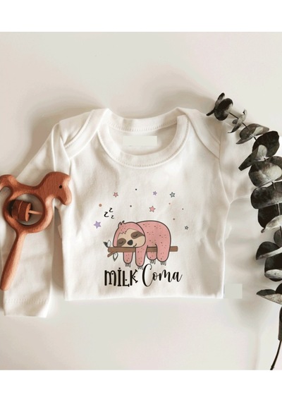 İmaj Tuğbababy Milk Coma Pembe Uzun Kol Çıtçıtlı Organik Bebek Body Beyaz