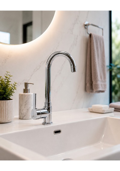 Krom Lüx Gövde Premium Banyo Lavabo Bataryası Çift Su Girişli Batarya