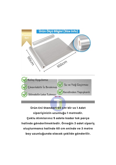 Technojet Kendinden Yapışkanlı Metalik Folyo Mutfak Banyo Tezgah Duvar Dolap Masa Kaplama 60cmx100cm Silver