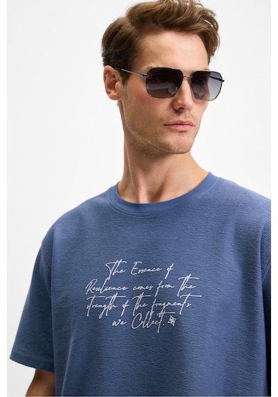 Grımelange BONDIA Erkek Baskı Detaylı %100 Organik Pamuk Oversize Fit Bisiklet Yakalı Kısa Kollu İndigo T-Shirt