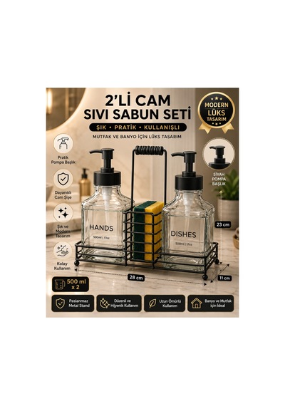 2 Li Cam Sıvı Sabunluk Ve Deterjanlık Seti Sünger Hazneli Metal Standlı, Siyah Pompalı Mutfak & Banyo Seti Siyah