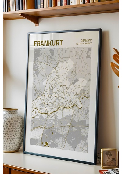 Frankfurt Almanya Germany Haritası Çerçeveli Tablo Lüks Salon Ofis Duvar Dekorasyonu Tablo
