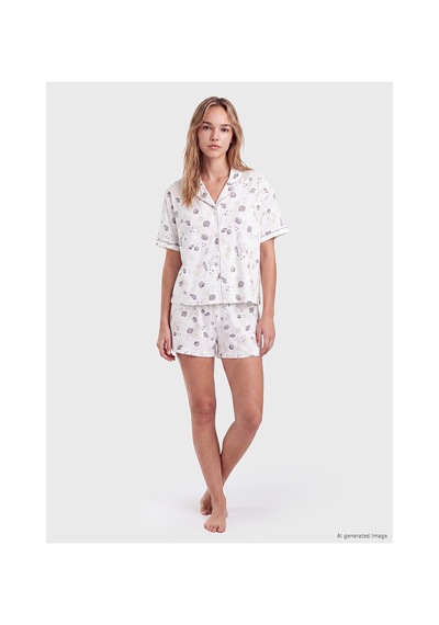 Lcw Dream Ekru Gömlek Yaka %100 Pamuklu Kadın Şortlu Pijama Takımı
