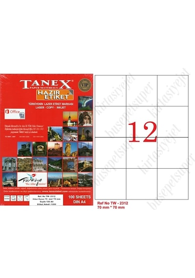 Tanex Tw-2312 Ebat 70 X 70 MM Lazer Etiket A4 Sayfada 12 Etiket
