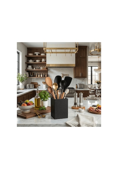 Lüks Siyah Mutfak Tezgah Üstü Kaşıklık & Düzenleyici Modern Kare Kepçelik Organizer Siyah