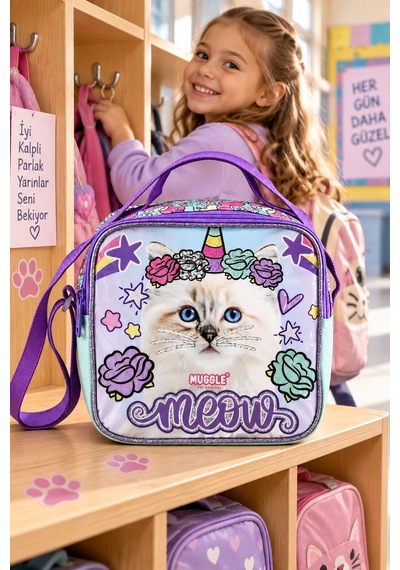 Pretty Cat Sevimli Kedi Beslenme Çantası Çocuk Okul Yemek Çantası Günlük Kullanım 21x21x10 Cm Çok Renkli