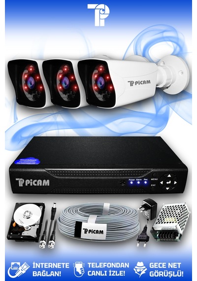 Picam 3 Kameralı Kare 3 Dış Kamera Set 250 GB HDD Full HD Gece Görüşlü Güvenlik Kamerası Sistemi