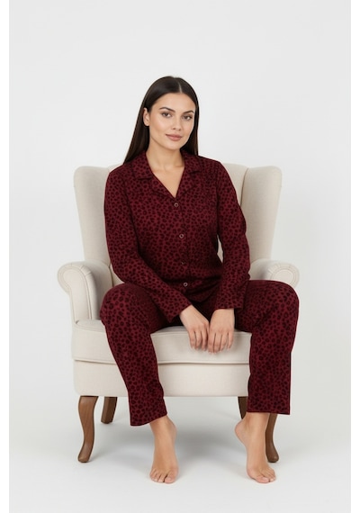 Bravie Luxury Soft Bordo Leopar Desenli Uzun Kollu Kadın Pijama Takımı Büyük Beden 3002 Bordo