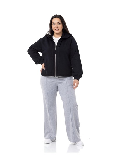 Büyük Beden Kapüşonlu Fermuarlı Üç İplik Siyah Sweatshirt-siyah Siyah