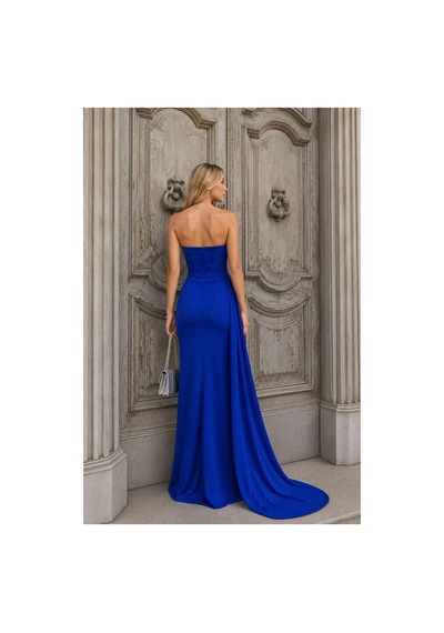 Lior Design Kadın Minimal Dik Yaka Payetli Maxi Uzun Kollu Abiye Elbise Saks