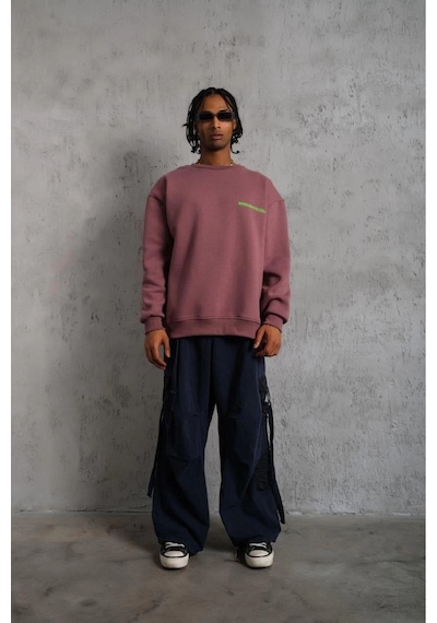 Erkek Bisiklet Yaka Baskılı 3 İplik Pamuklu Sweatshirt - Gül Kurusu Gülkurusu
