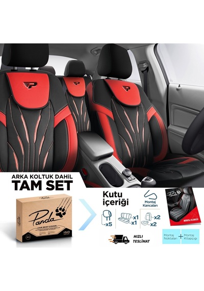 Panda Pars Serisi Deri Oto Koltuk Kılıfı - Kırmızı - Siyah