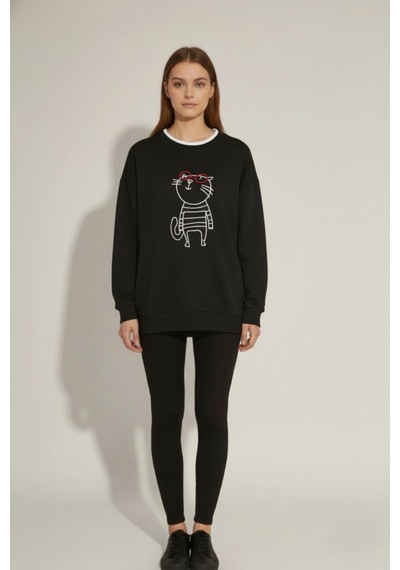 The Kadın Kedi Nakışlı Sweatshirt Rahat Kalıp 3 İplik Şardonsuz, Siyah & Gri Melanj Siyah