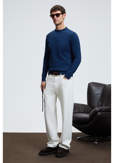 Grımelange VAREX Erkek Yuvarlak Yaka Basic Slim Fit Triko İndigo Kazak