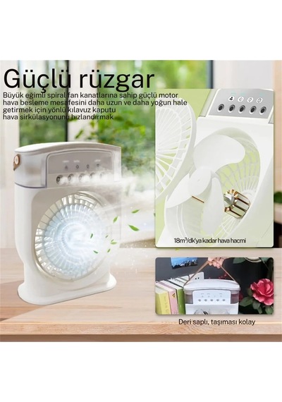 Şarjlı 600 Ml Su Hazneli Taşınabilir Masaüstü Vanilatör Güçlü Fan 2000 Mah Pil Beyaz