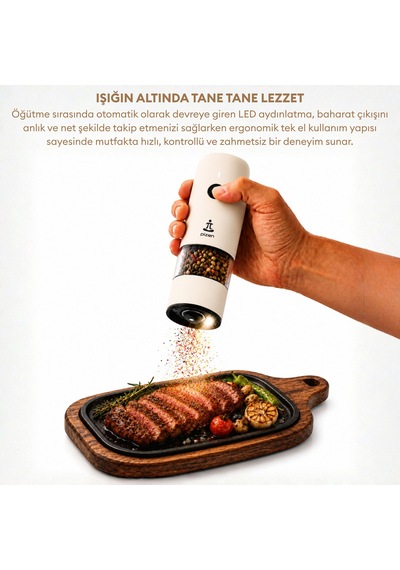 Pizen Windmill Usb Şarjlı Otomatik Baharat Öğütücü Led Işıklı Ayarlanabilir Tuz Karabiber Değirmeni Bej
