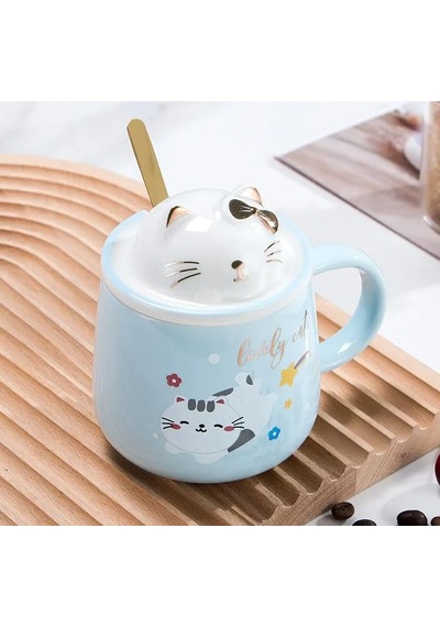 Sevimli Kawai Kedi Kapaklı Kaşıklı 3d Kupa Bardak Mavi, Mavi, 3d Sevimli Kedi Figürlü Diğer