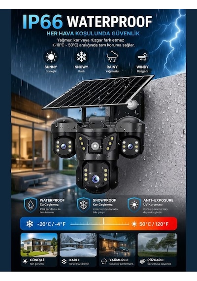 Snr 4g 3 Lensli Sım Kartlı 360 Ptz Solar Güvenlik Kamerası Güneş Panelli Gece Görüşlü Dış Mekan