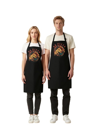 Unisex Mutfak Önlüğü Pizza Baskılı Dijital Desen Rahat Kesim Boyu Siyah