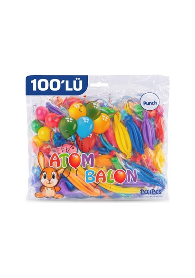 Renkli Atom Balon Punch Balon Lastik İpli Parti Balonu 100 Adet Resimdeki