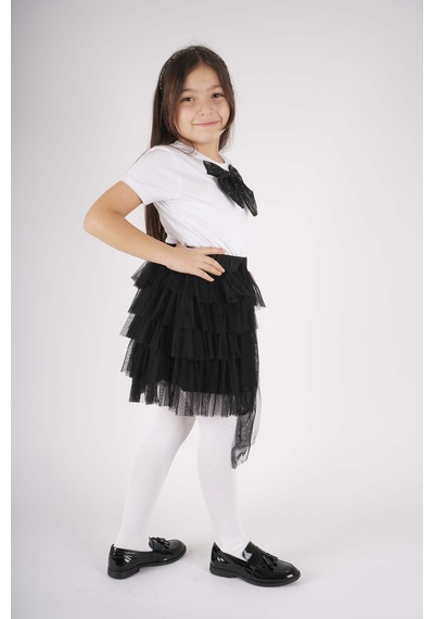 Miniko Kids 23 Nisan 29 Ekim Konsept Fiyonk Detaylı Tül Detaylı Kat Kat Tütü Etekli Takım Siyah