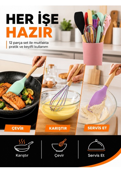 12 Parça Silikon Mutfak Gereçleri Seti Ahşap Saplı, Isıya Dayanıklı, Teflon Ve Granit Tencerelere Uygun Renkli