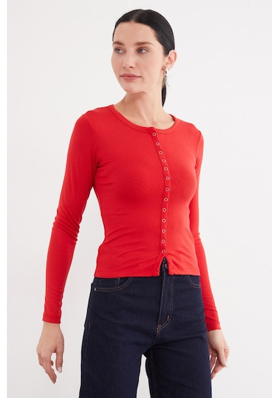 Fullamoda Önü Çıtçıtlı Ribanalı Slim Fit Bluz Kırmızı