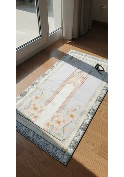Cami Ve Çiçek Desenli Pudra Pembe Bambu Namaz Seccadesi 80x130 Cm Renkli