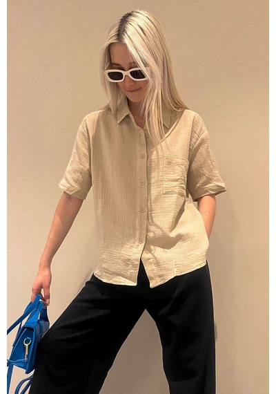 Madmext Bej Muslin Kumaş Basic Kadın Gömlek Mg1784-bej Bej