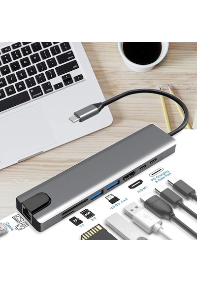 8In1 Usb-C Dijital Av Çoklu Bağlantı Noktası Adaptörü. Hub