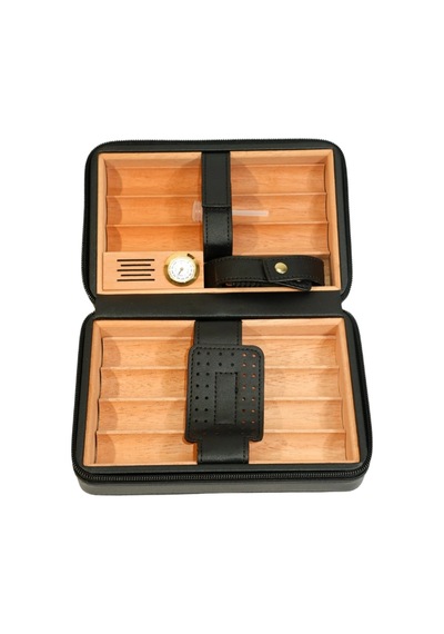 Cohiba Çakmak Kesicili Goyard Desenli Siyah Deri Puro Taşıma Çantası & Seyahat Humidoru
