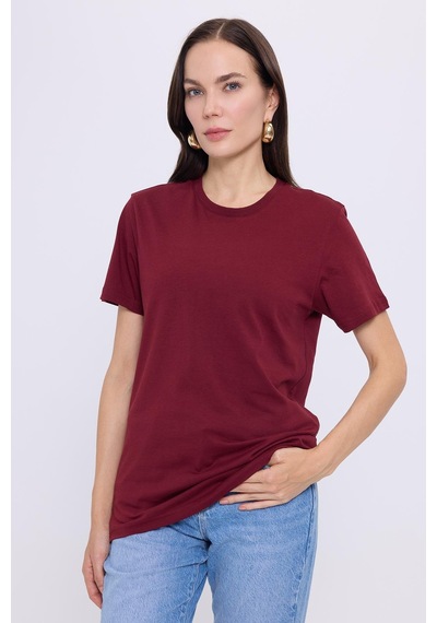 Tudors Kadın Slim Fit Dar Kesim Pamuklu Yumuşak Doku Likralı Esnek Kumaş Basic Bordo Bisiklet Yaka Tişört-37834 Bordo