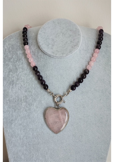 Badeaccessories 8 Mm Ametist , Pembe Kuvars Kalp Doğaltaş Kolye Gümüş