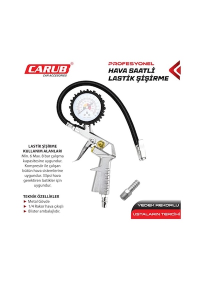 Carub Lastik Hava Ölçme Saatli Hortumlu 2 Rekorlu