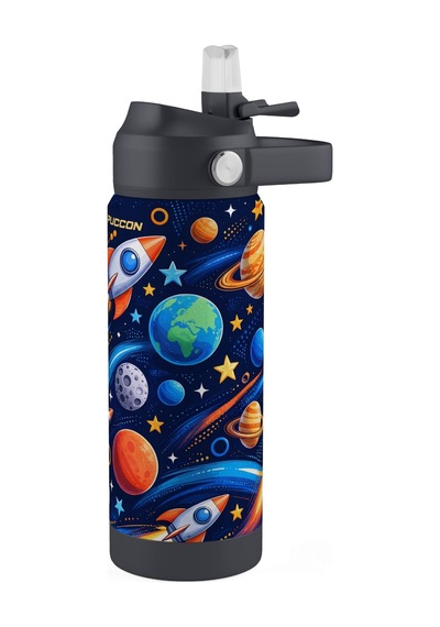 Puccon 540 Ml Uzay Ve Roket Baskılı Siyah - Lacivert Erkek Çocuk Pipetli Çelik Termos Matara/suluk - 60053